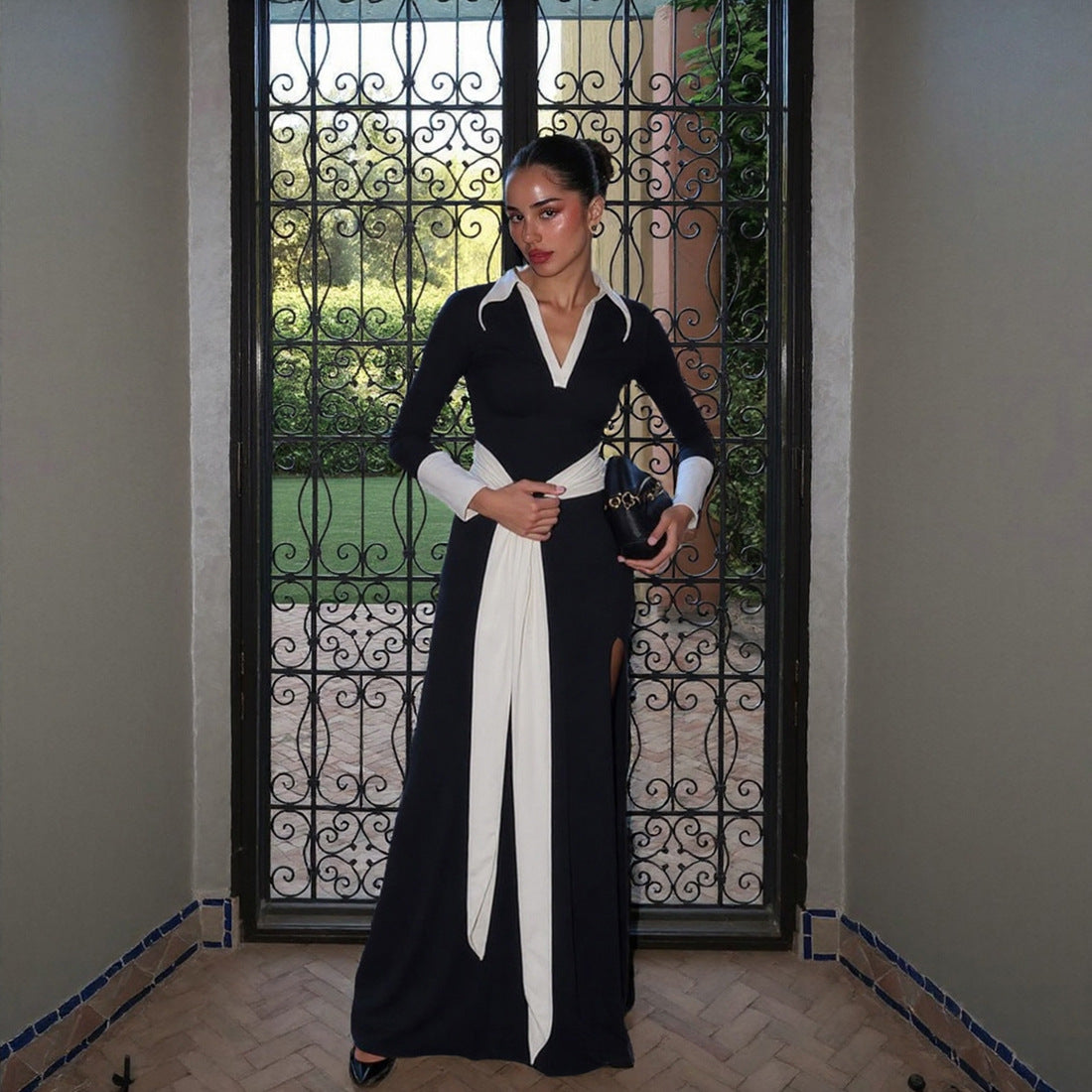 Women's French Style Temperament Contrast Color Slim High Dresses