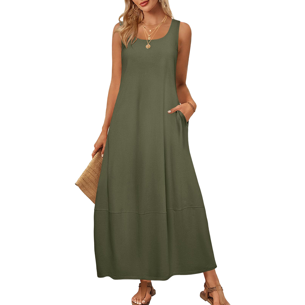 Women's Solid Color Pocket Sleeveless Casual Holiday Dress