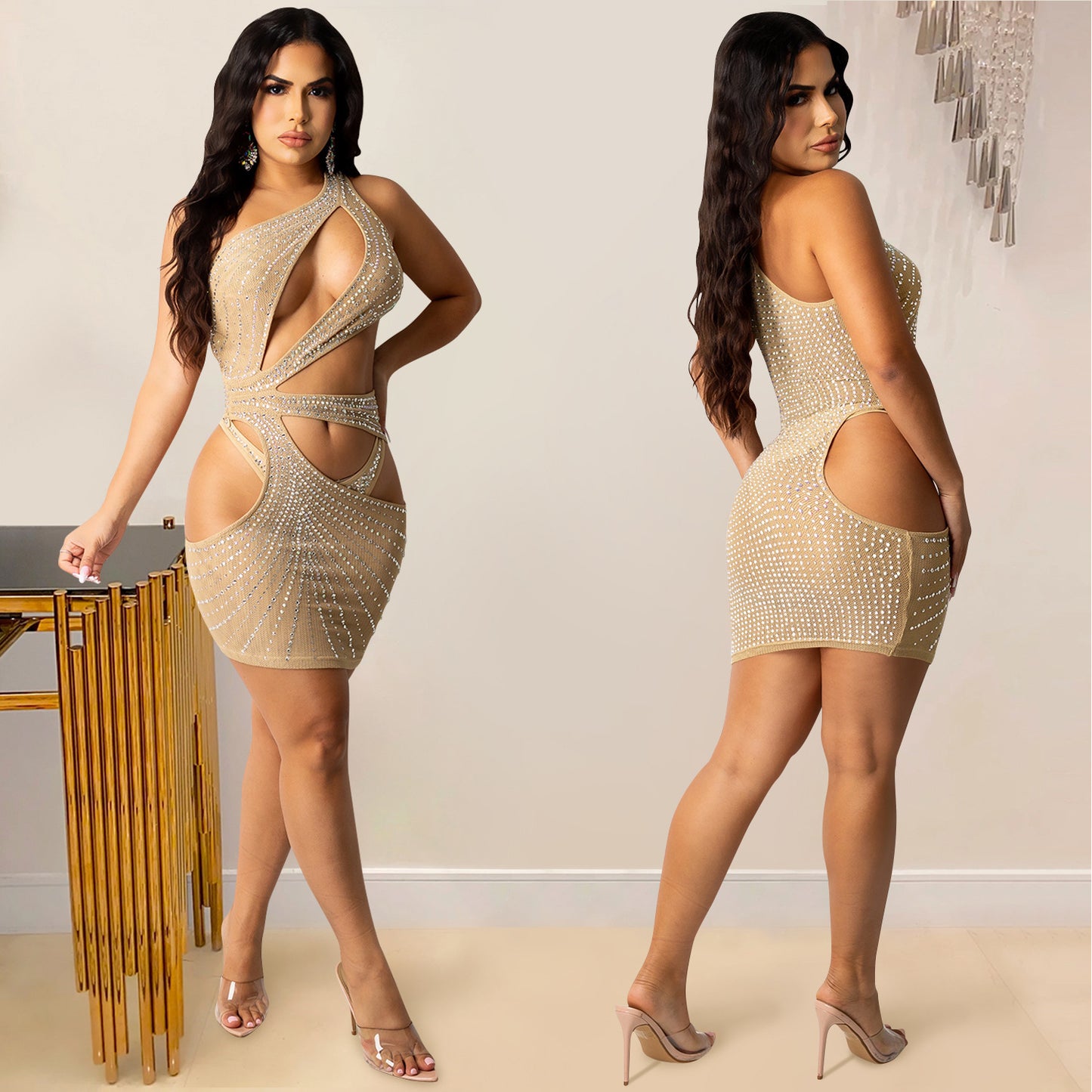 Women's Sexy Solid Color Hot Drilling Mesh Single Dresses