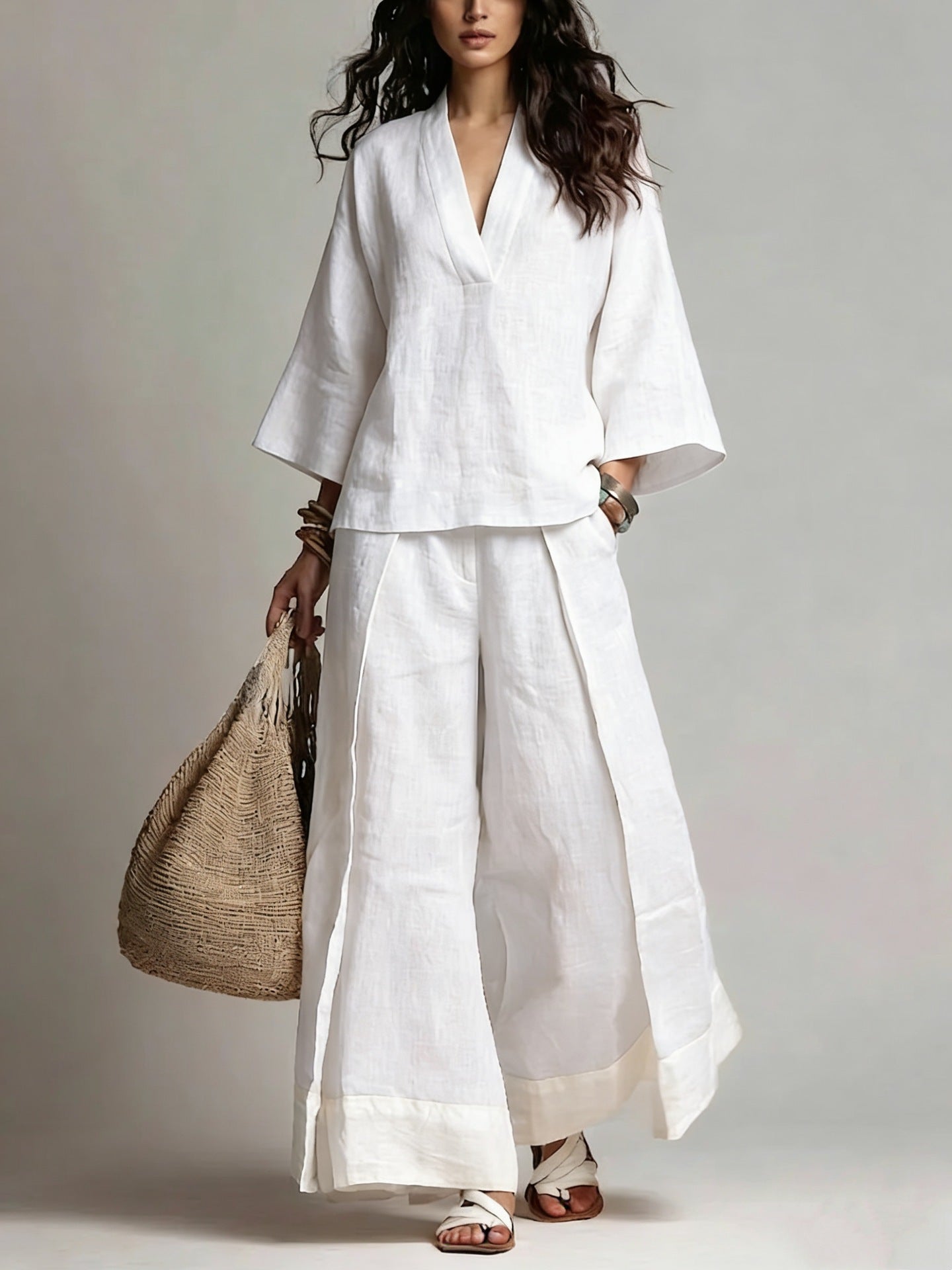 Women's Linen French Style Sleeve Shirt Wide Leg Fashion Casual Suit