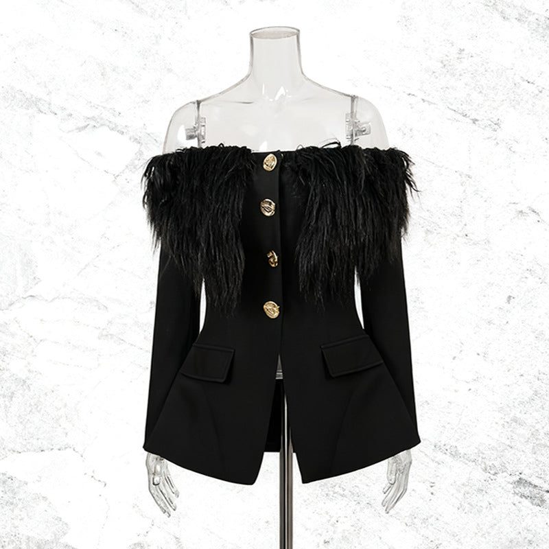 Women's French Style Feather Metal Buckle Decoration Slimming Suits