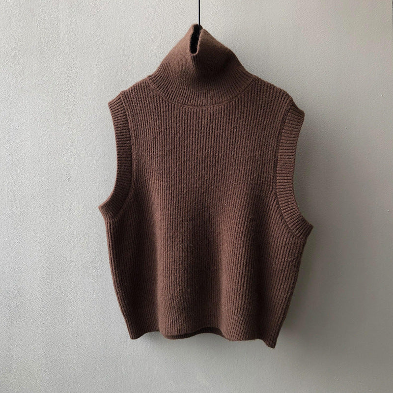 Women's Knitting Waistcoat Turtleneck Solid Color Sleeveless Vests