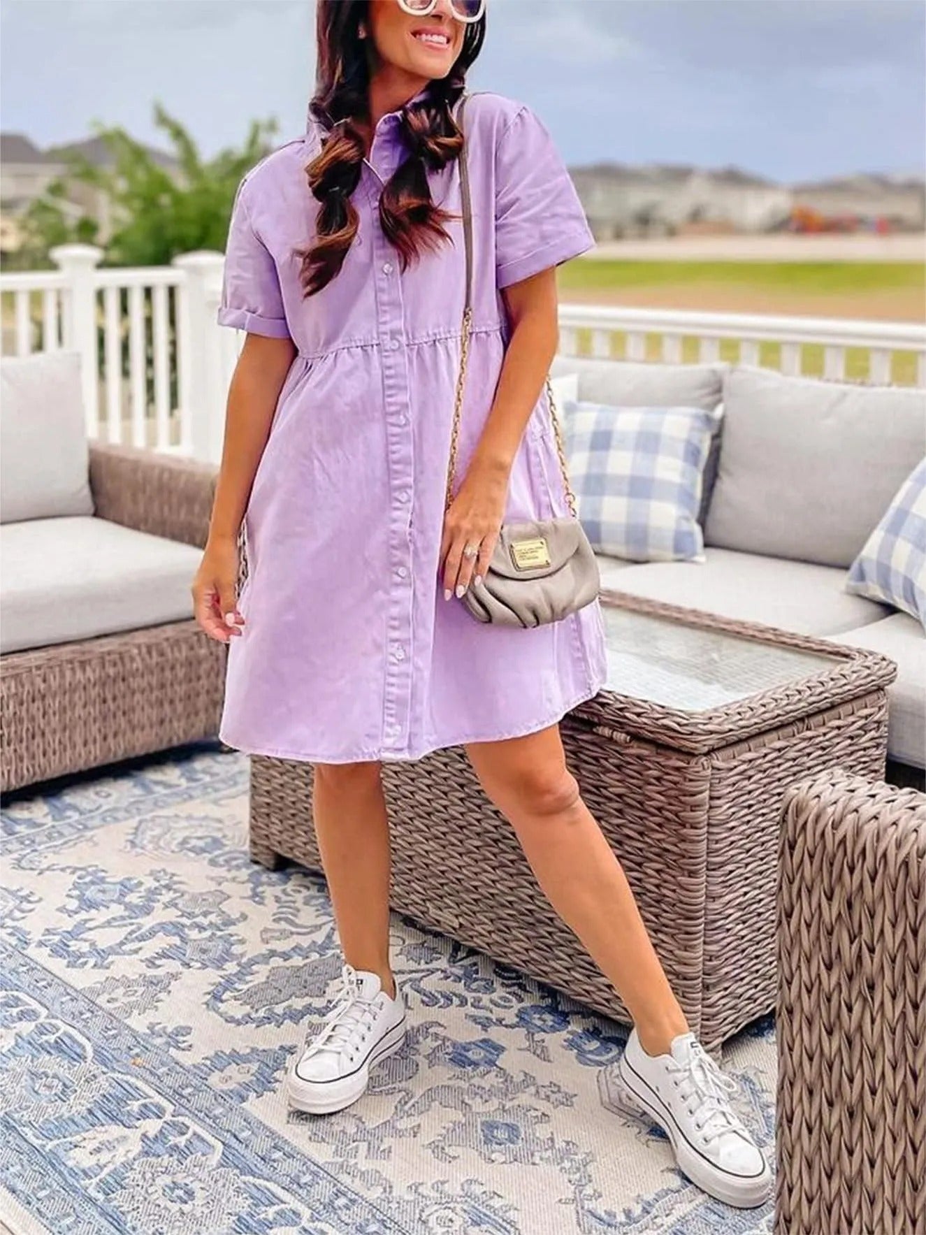 Washed Denim Lapel Loose Sweet Lotus Dresses
