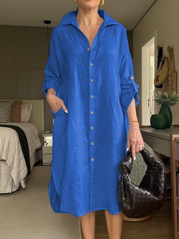 Women's Cotton Linen Shirtdress Fashion Casual Long Dress