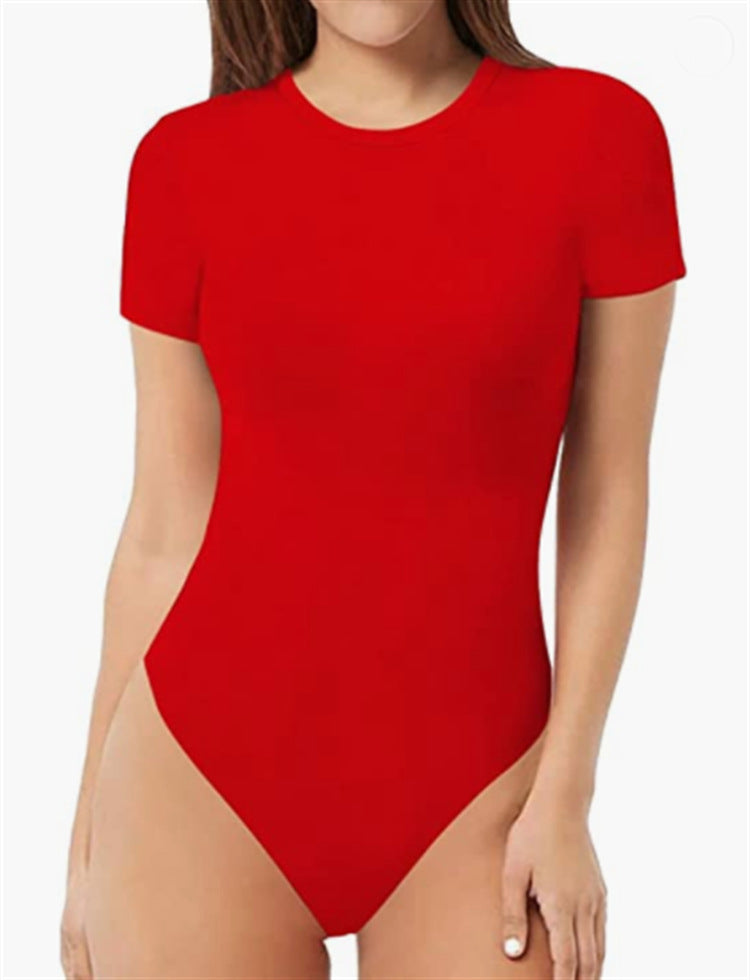 Women's Short-sleeved Round Neck Solid Color Swimsuit Jumpsuits