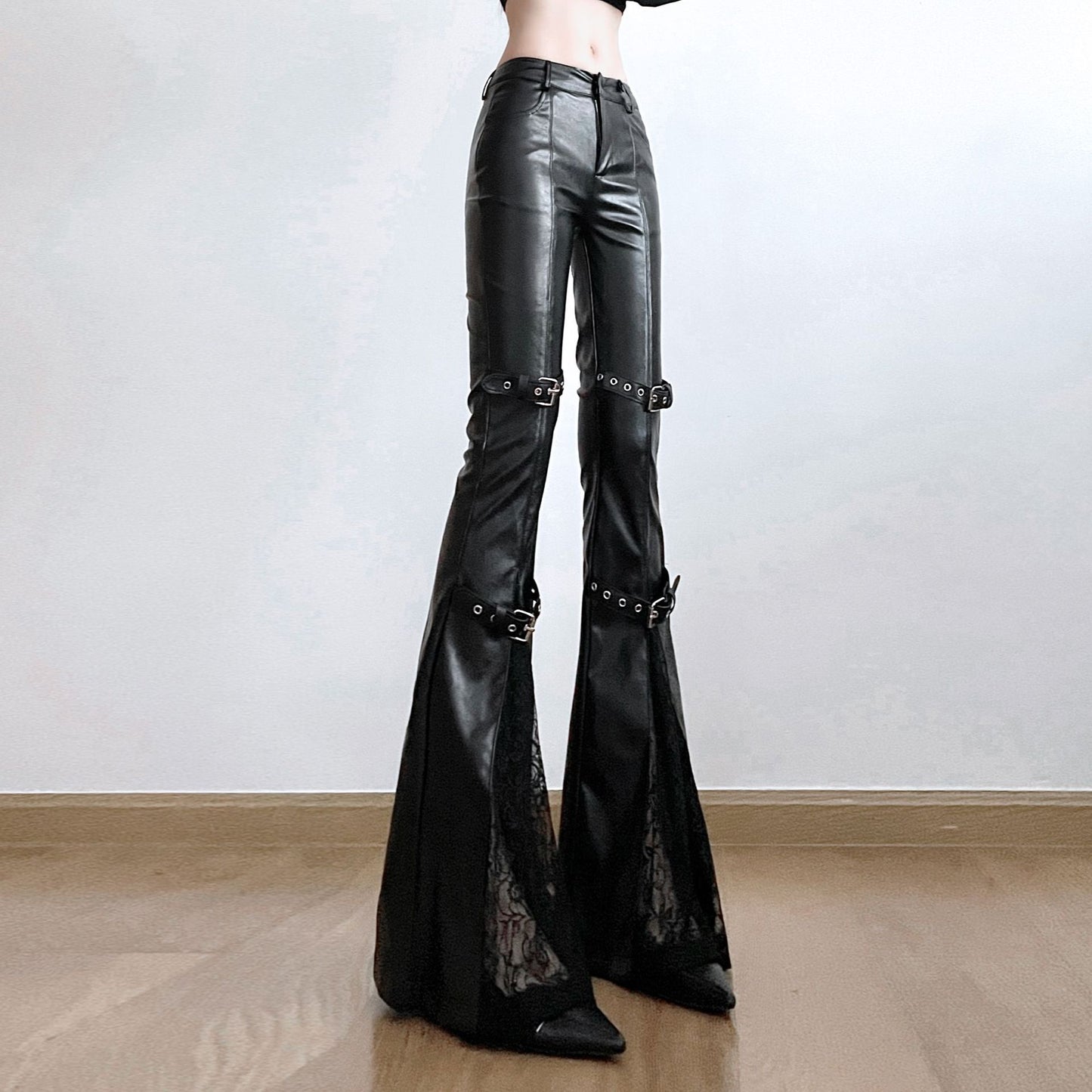 Corns Buckle Lace Stitching Leather Bell-bottom Hot Street Sexy Pants