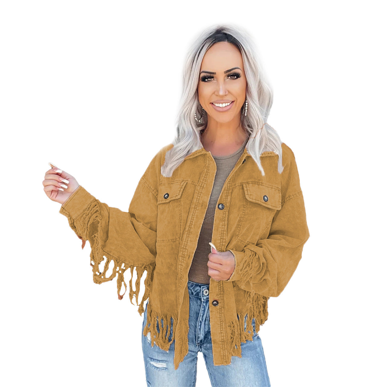 Casual Street Style Stitching Tassel Washed Coats
