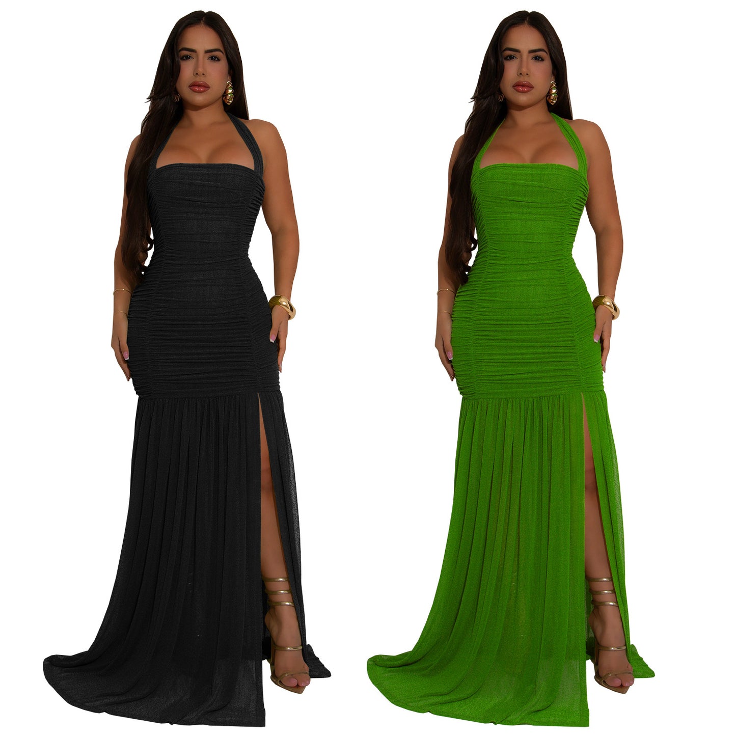 Women's Fashion Wear Summer Mesh Sexy Slit Solid Dresses