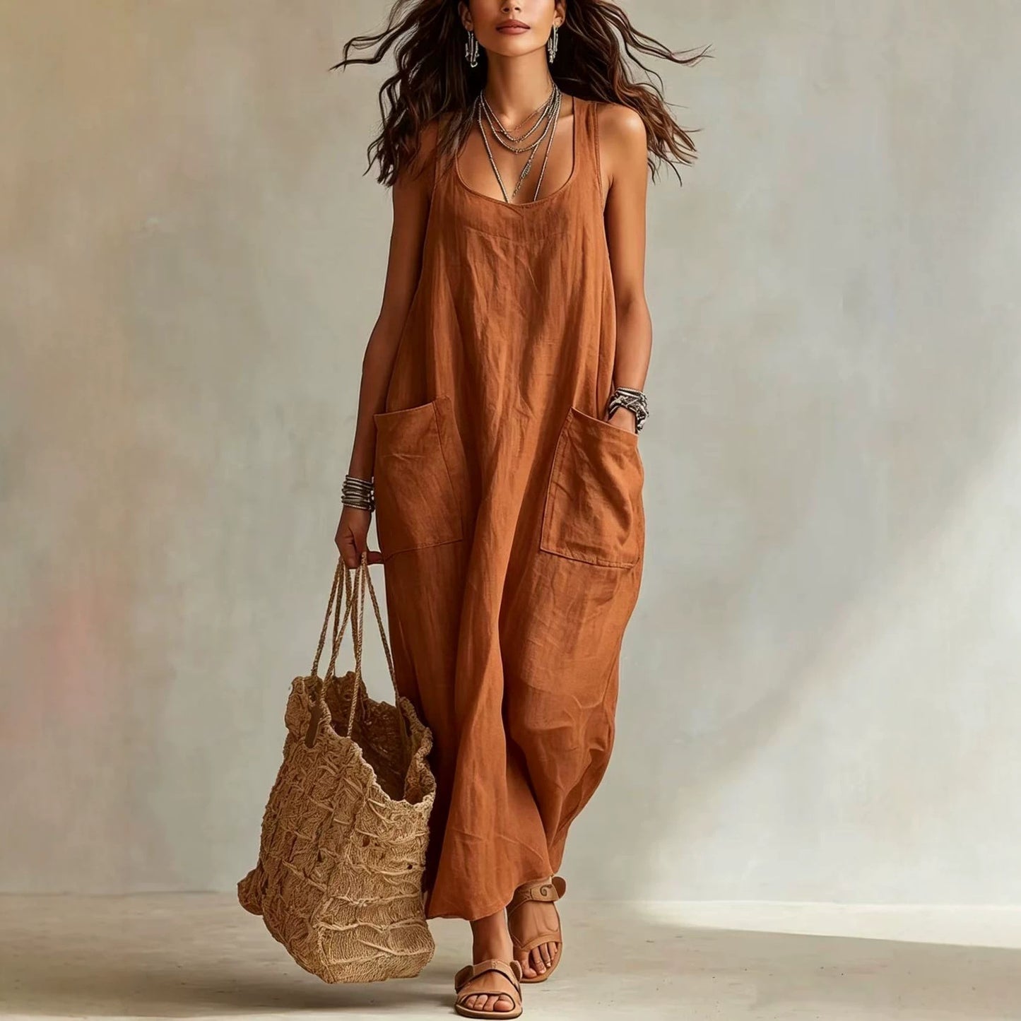 Summer Cotton Linen Temperament Leisure Pocket Dress
