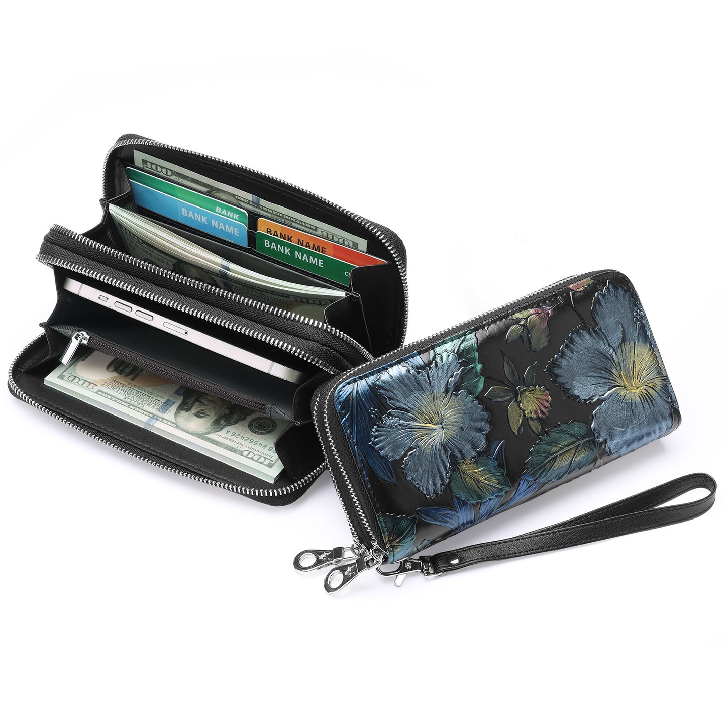 Women's Double Zipper Long Genuine Leather Multiple Ladies Wallets