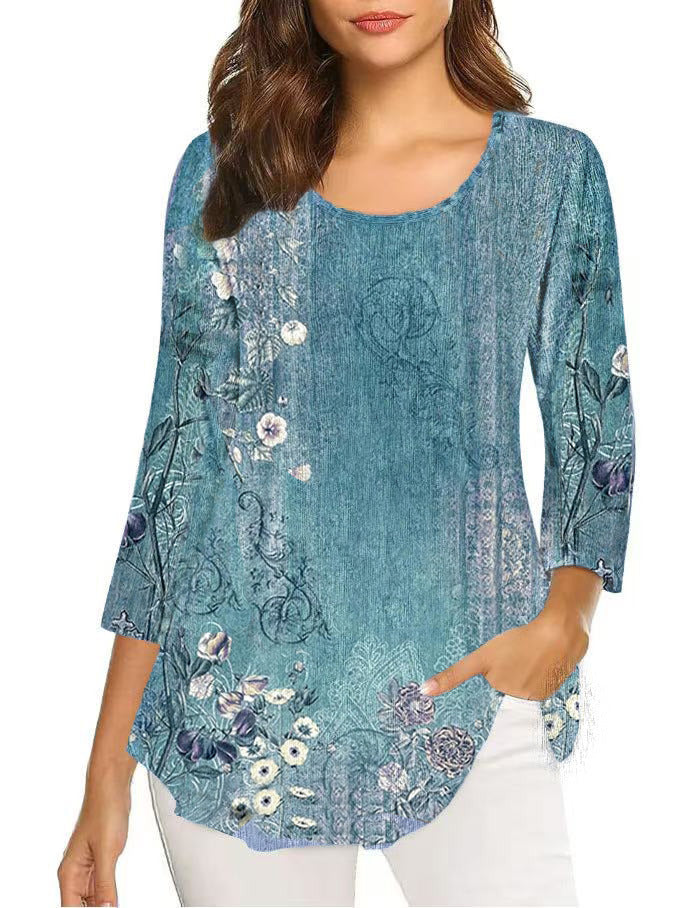Autumn Three-quarter Sleeve Round Neck Printed Mid-length Bottoming Tops