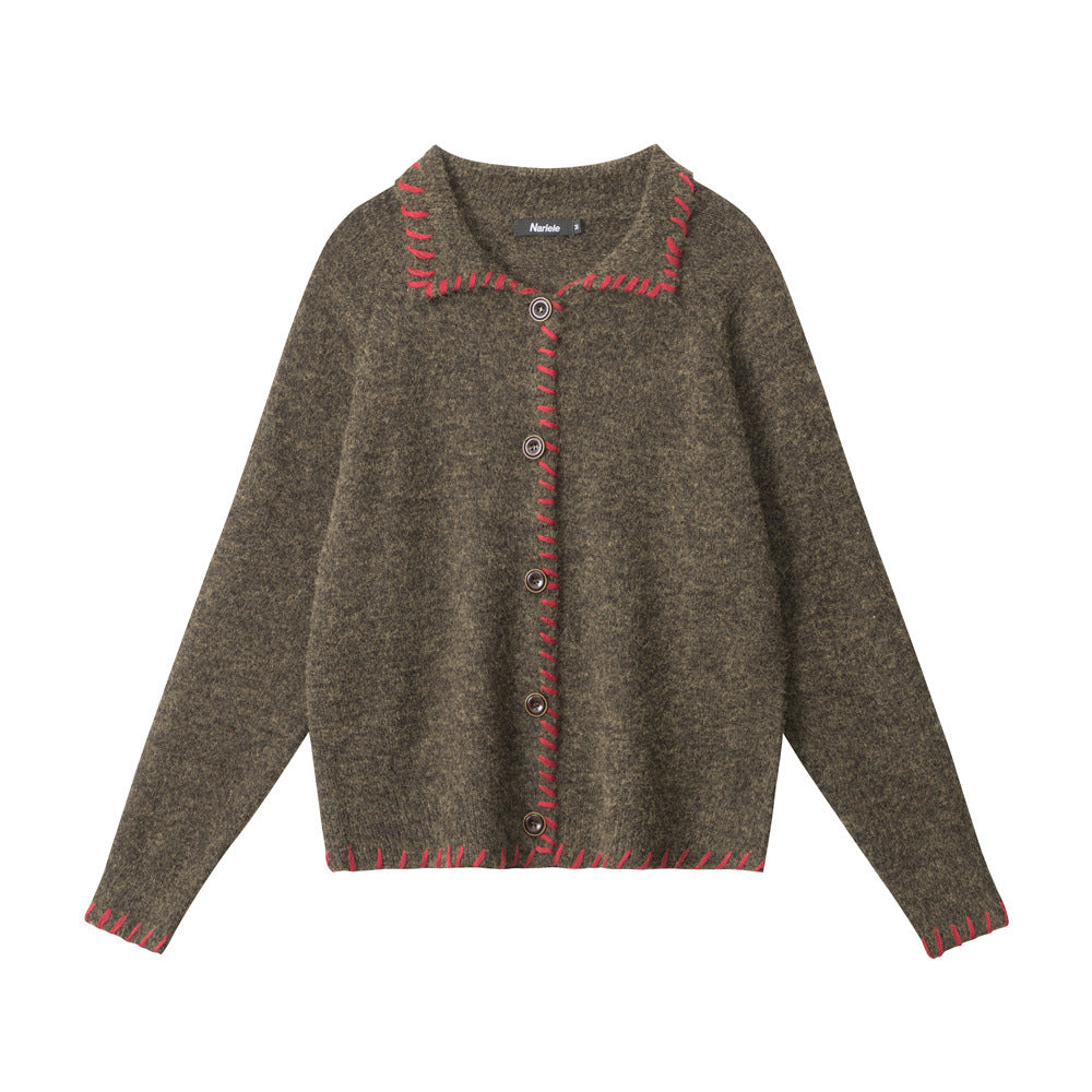 Women's Lapel American Style Loose Casual Contrast Sweaters