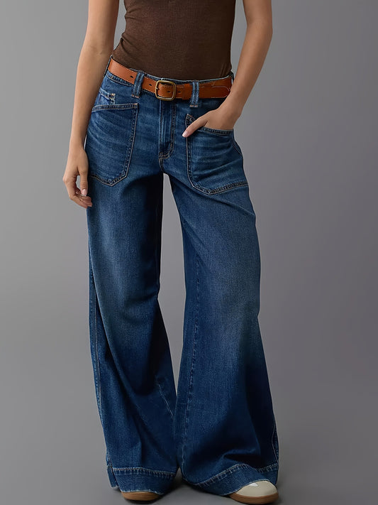 Women's Outer Pocket Straight Wide Leg Denim Jeans