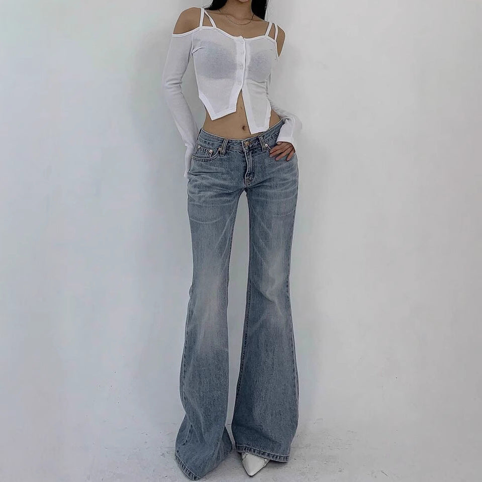 Women's Double Buckle Bell-bottom Slim Slimming Stretch Women's Jeans