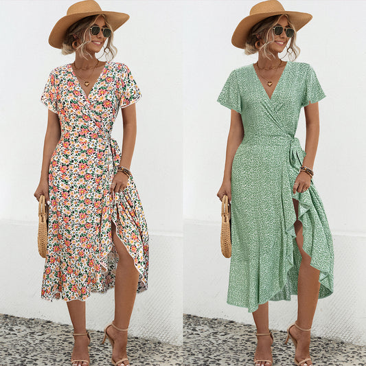 Slouchy Trendy Flounce Slit Small Floral Dress