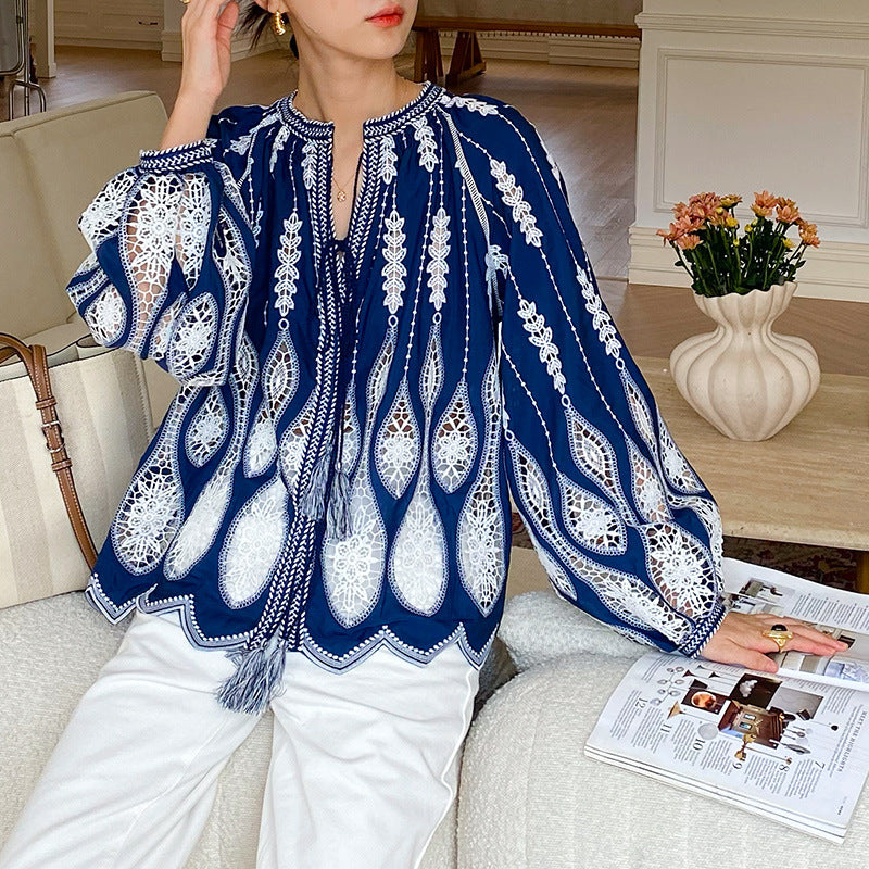 Women's Autumn Embroidery Vacation Style French Shirt Blouses
