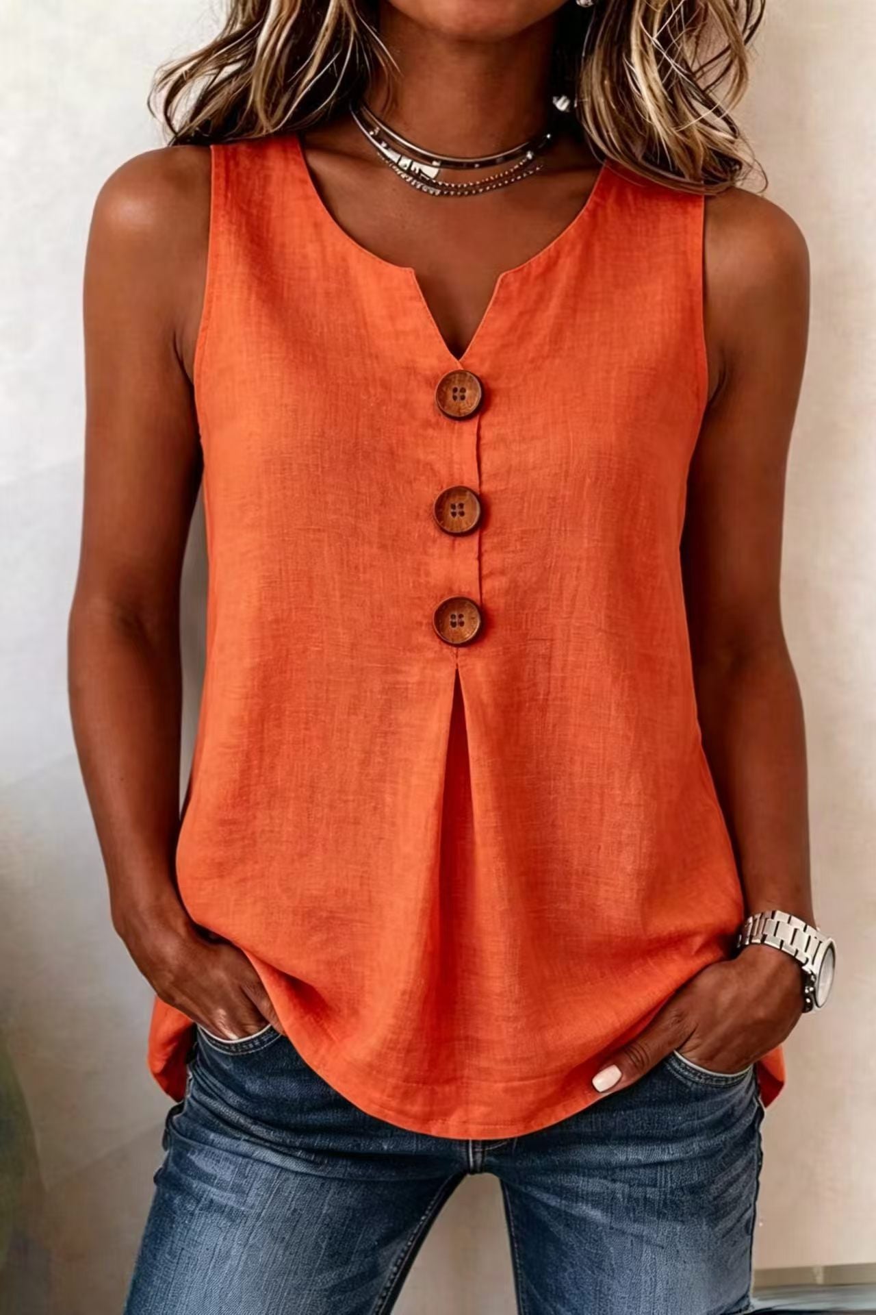 Classic Women's Cotton Linen Button Sleeveless Women's T-shirt