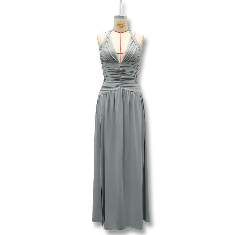 Women's Summer Banquet Style Solid Color Sexy Deep V Halter Backless Dress