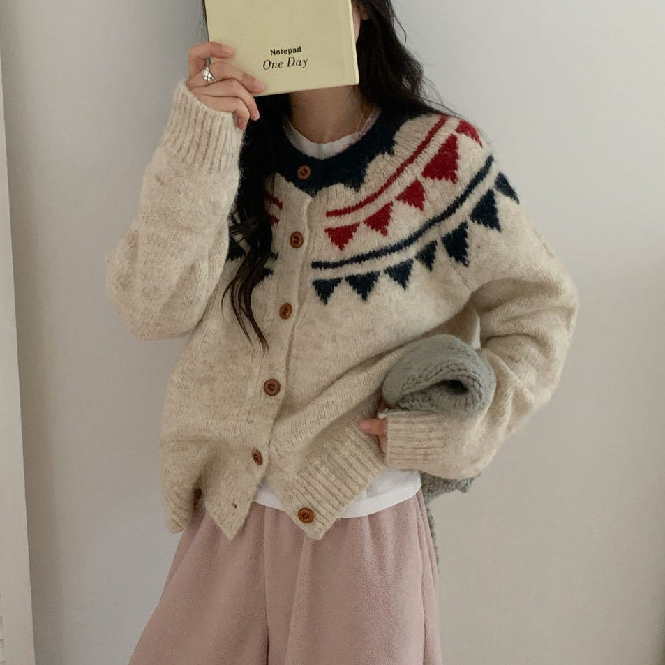 Women's Contrast Color Brocade Retro Loose Lazy Knitwear