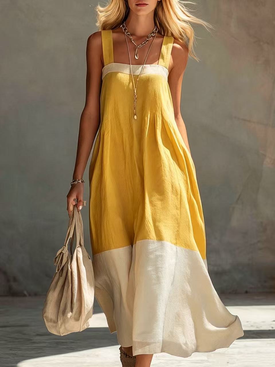 Women's Color Contrast Patchwork Temperament Camisole Long Dress