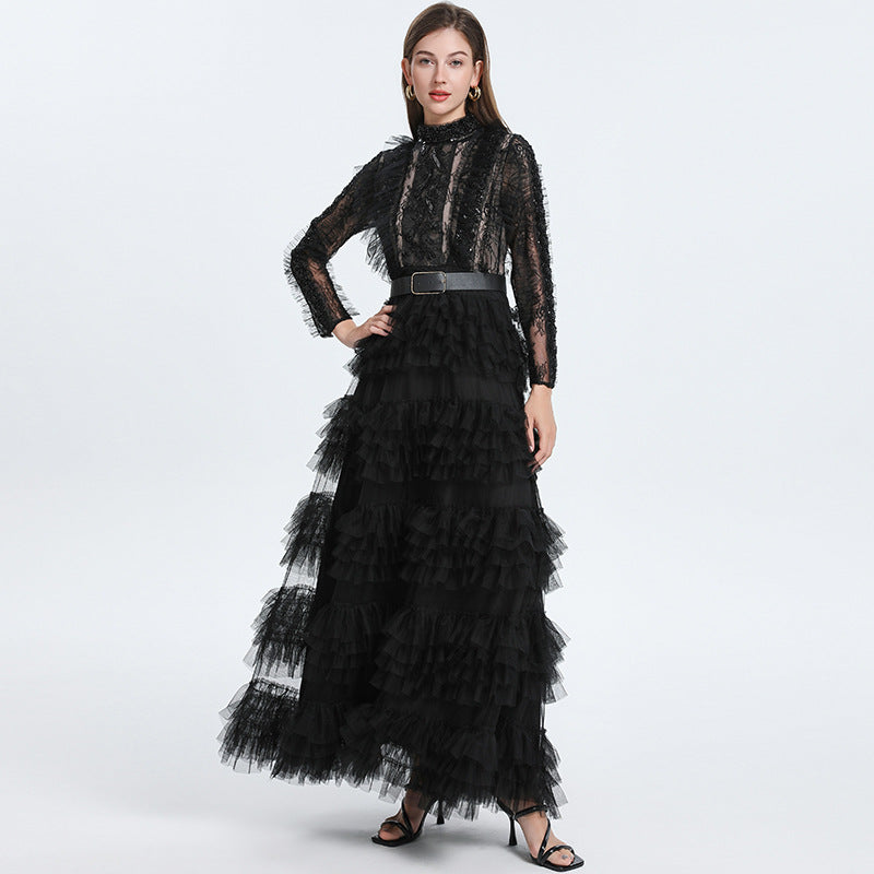 Lux Sequined Embroidered Beads Cinched Mesh Tulle Dresses