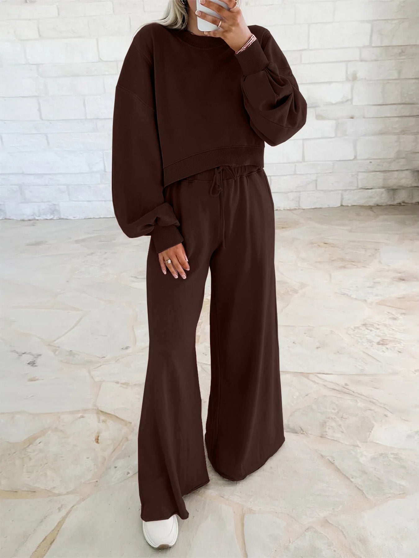 Women's Drop Shoulder Puff Sleeve Pullover Sweatshirt Suits