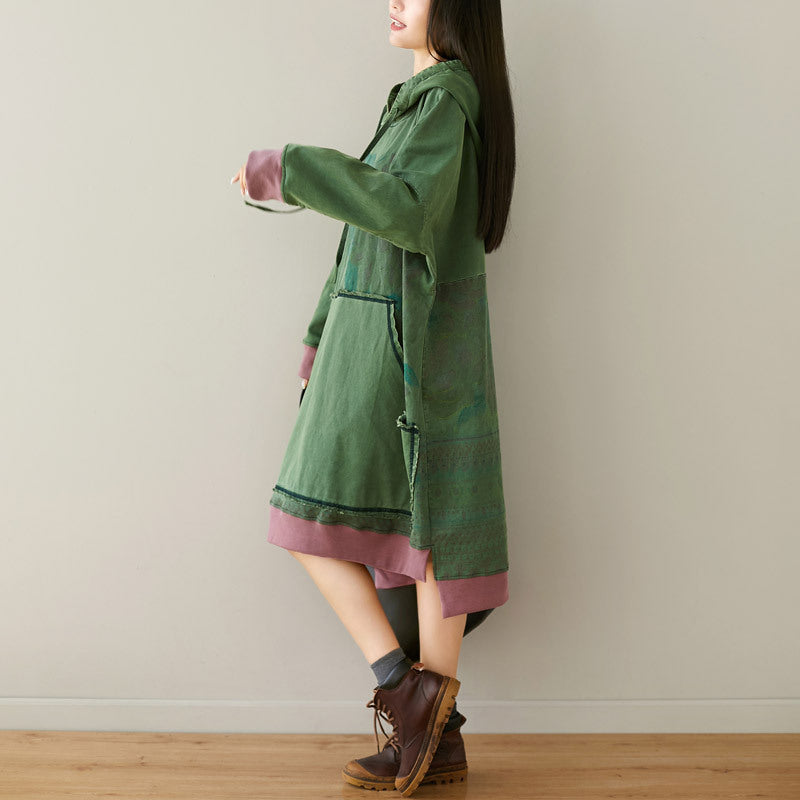 Hooded Dress Distressed Print Long Artistic Stitching Lang Sweaters