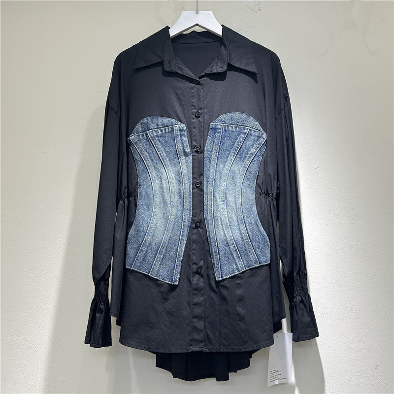 Women's Design Long Sleeve Stitching Denim Waist Blouses