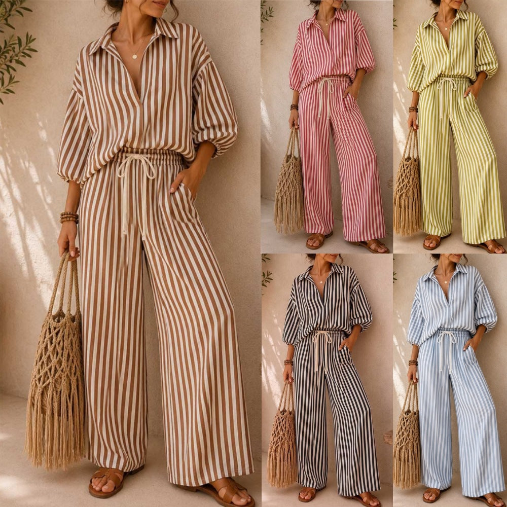 Women's Summer Striped Long-sleeved Loose Two-piece Fashion Casual Suit