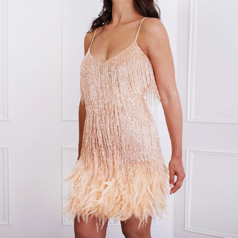 Multicolor Birthday Party Sexy Strap Feather Dresses
