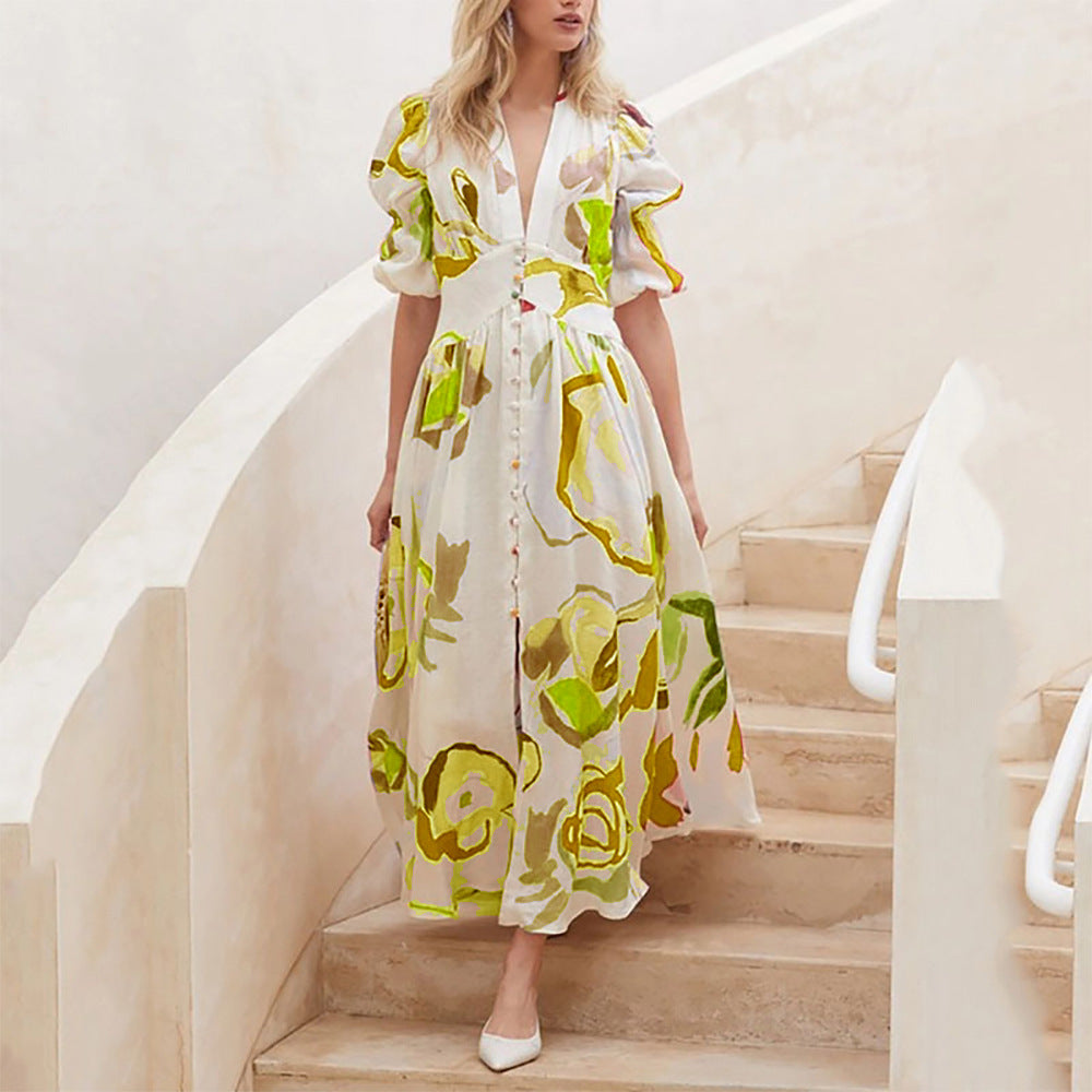 Women's Spring Beach Slim Fit Large Swing Elastic Printing Dress