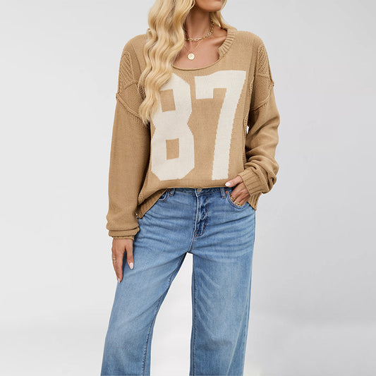 Women's Long Sleeve Digital Contrast Color Knitted Sweaters