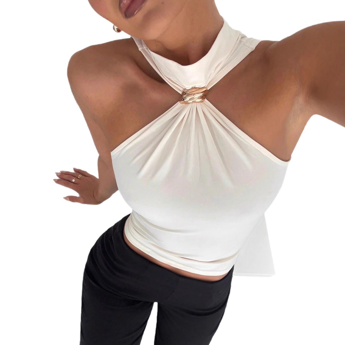 Women's Metal Ring Sleeveless Cold-shoulder Stretch Summer Vests
