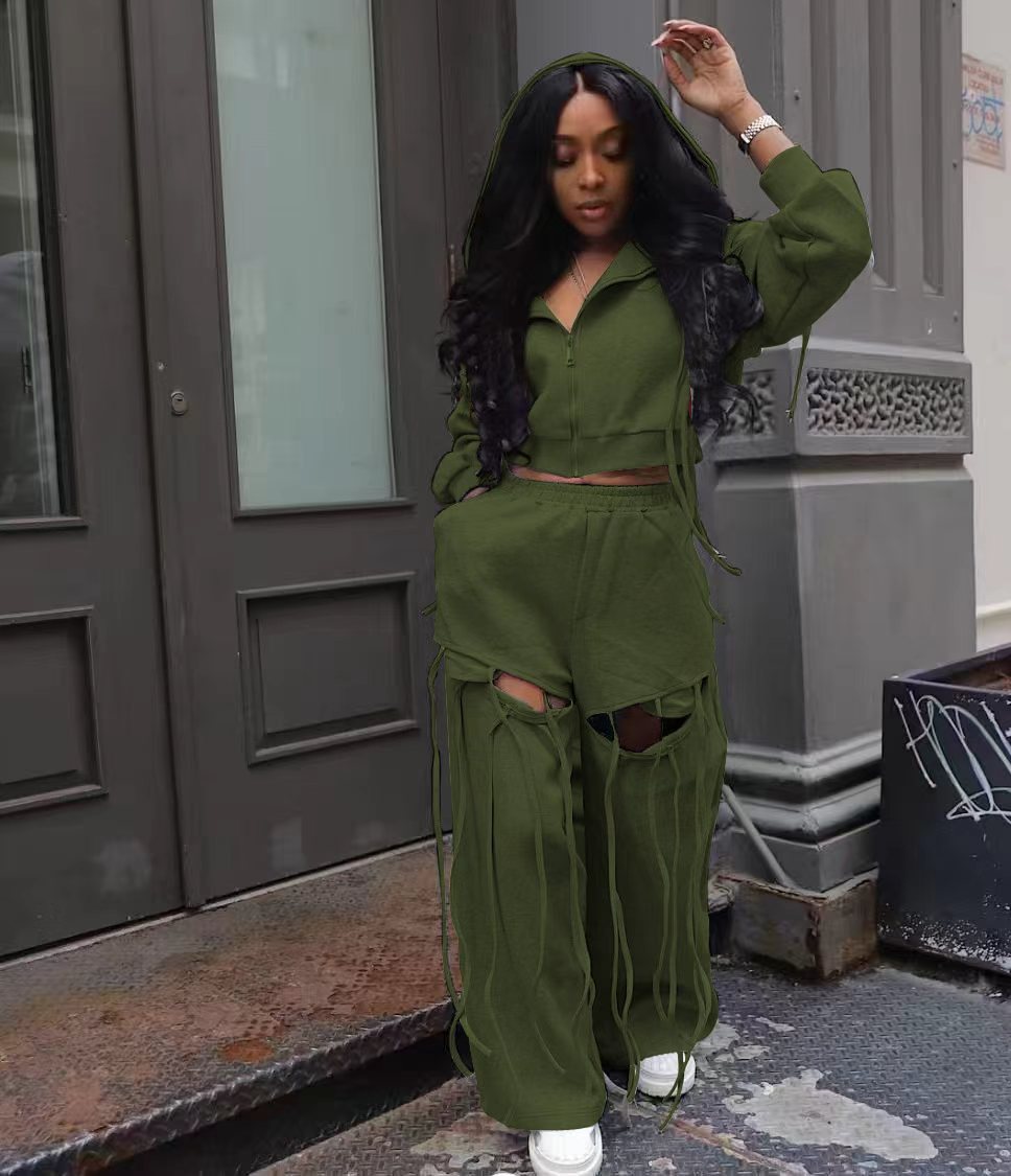 Women's Fashion Loose Hole Wide Leg Versatile Personality Hooded Suits