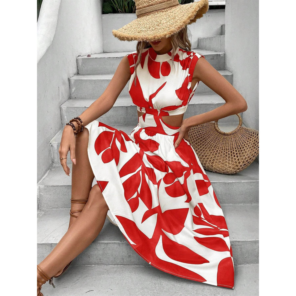 Women's Summer Round Neck Sleeve High Waist Plant Floral Print Dress