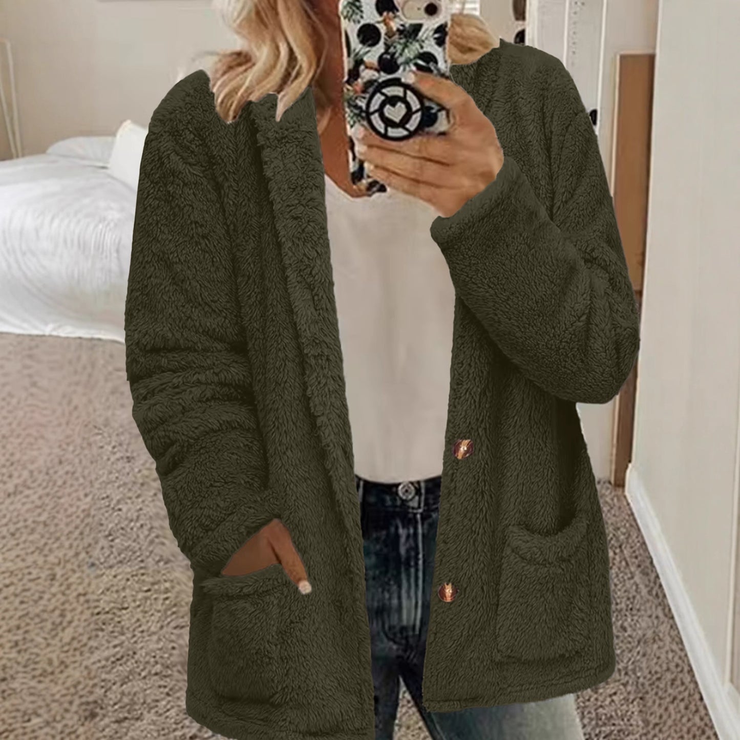 Women's Fur Hooded Loose Knitted Button Pocket Cardigans