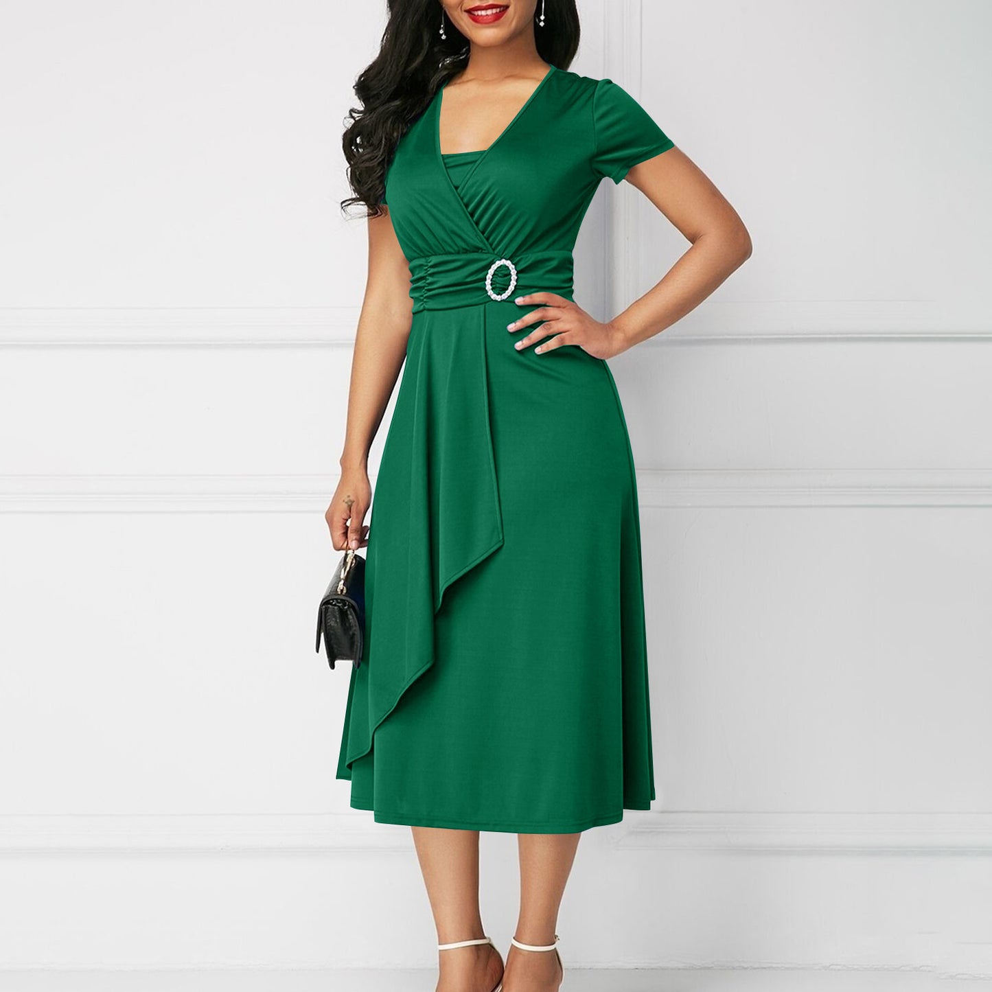 Women's Sexy Asymmetric Large Swing High Waist Mid-length Solid Dress