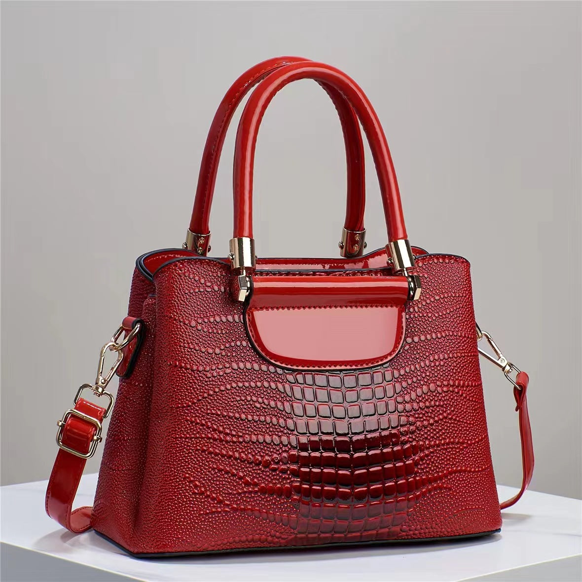 Women's Textured Bright Leather Stone Pattern Crocodile Handbags