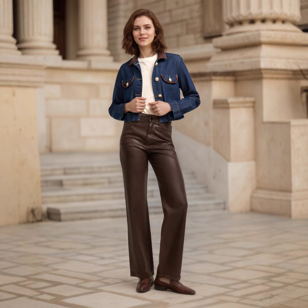 Button Embellishment With Leather Patchwork Collar Coats