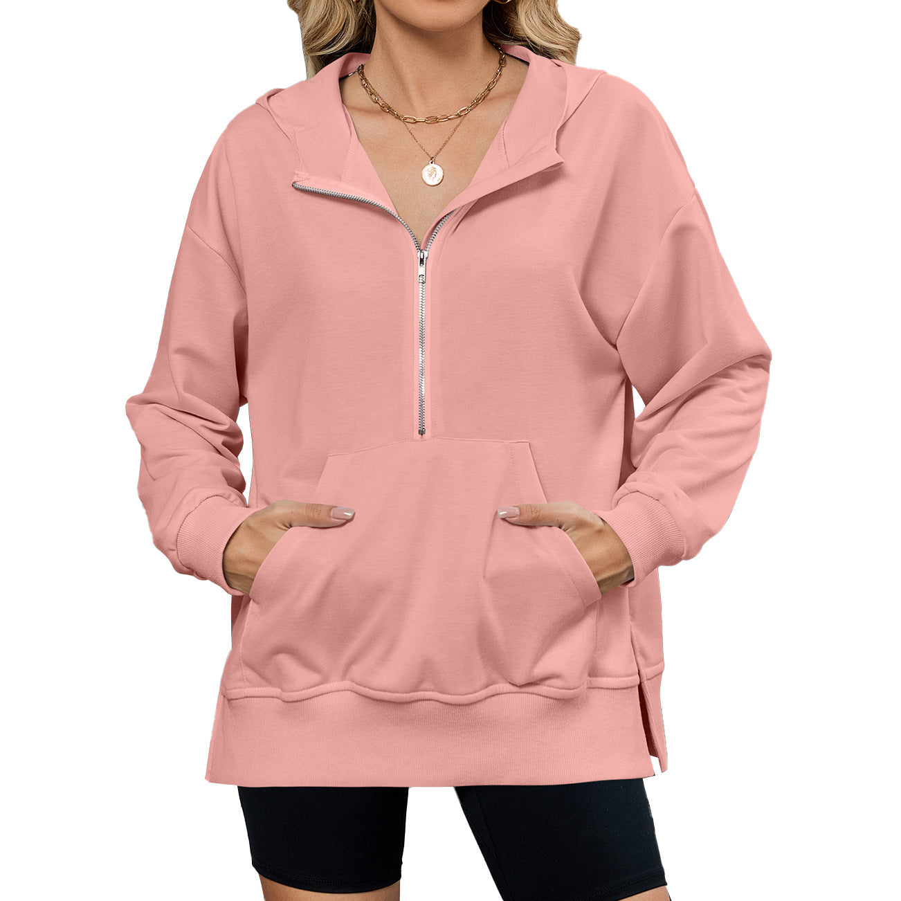 Women's Hooded Loose Long Sleeves Zipper Pocket Women's Sweater, Sweater