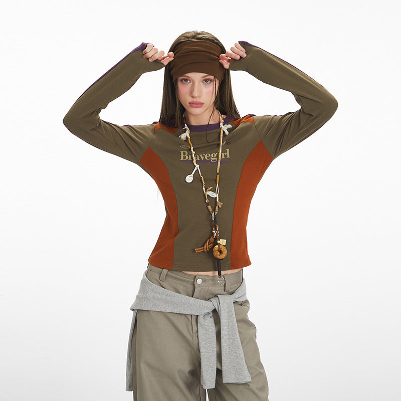 Women's Retro Long Sleeve T-shirt Contrast Color Inner Blouses