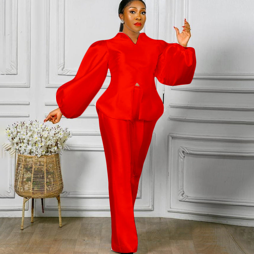 Women's Solid Color Puff Sleeve Wide Leg Clothing