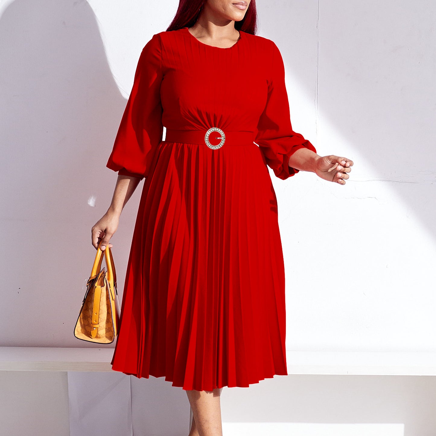 Women's Solid Color Pleated Loose Waist Round Dresses