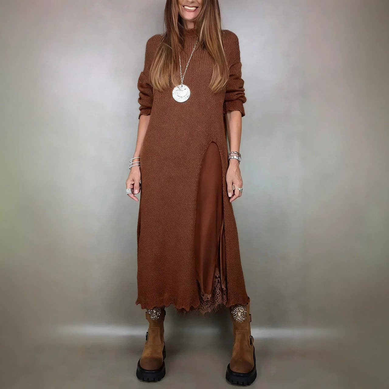 Autumn Lace Sling Slit Woolen Two-piece Skirts