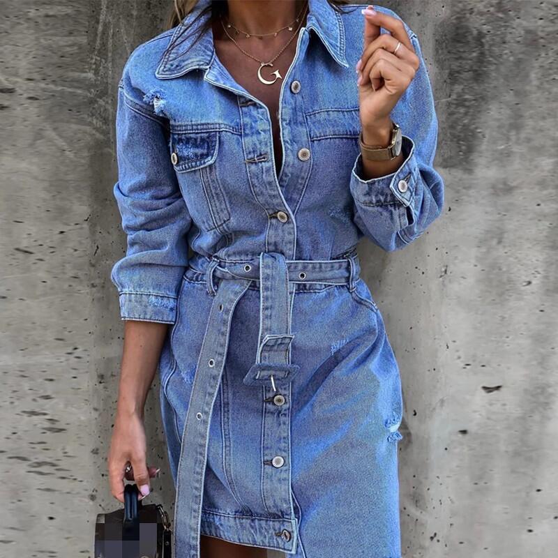 Spring Denim Lapel Long Sleeve Single-breasted Slim Dresses