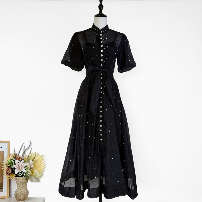 Women's Single-breasted Stand-up Collar Puff Sleeve Dress Dresses