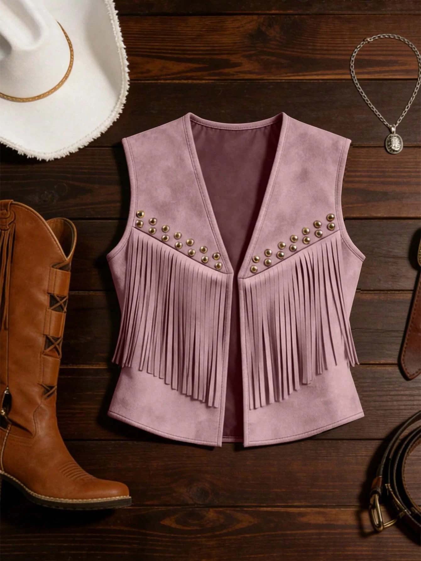 Women's Retro Country American Style Western Rivet Tassel Suede Sleeveless Vests