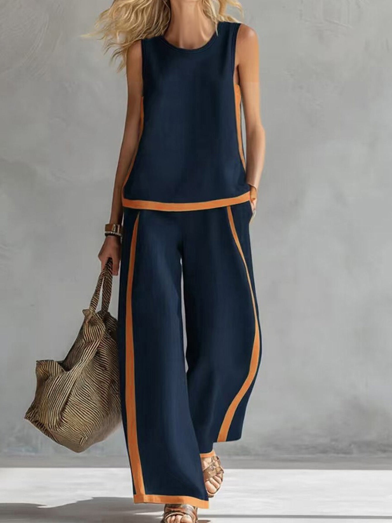 Women's Sleeveless Contrast Color Summer Two-piece Trendy Fashion Casual Suit