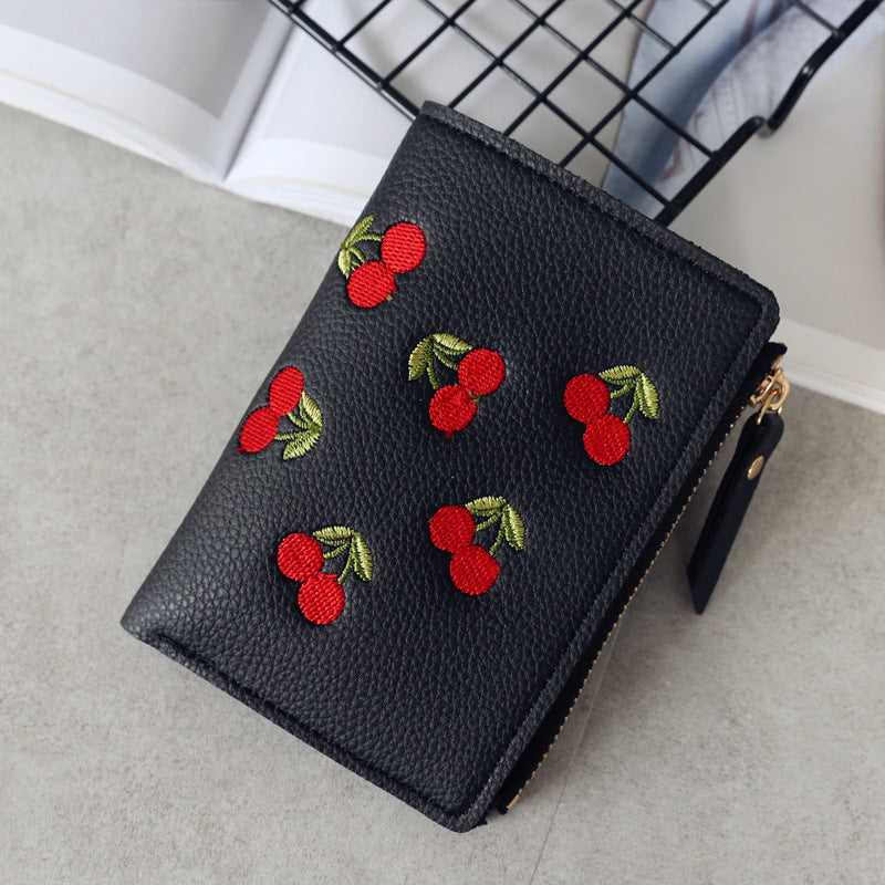 Women's Style Vertical Cherry Embroidery Short Fashion Ladies Wallets