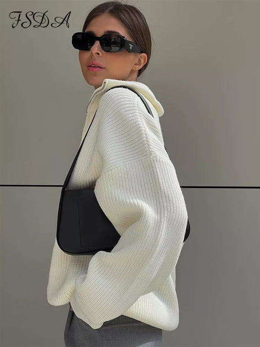 Women's Elegant Loose Zip Casual Knitted Sweaters